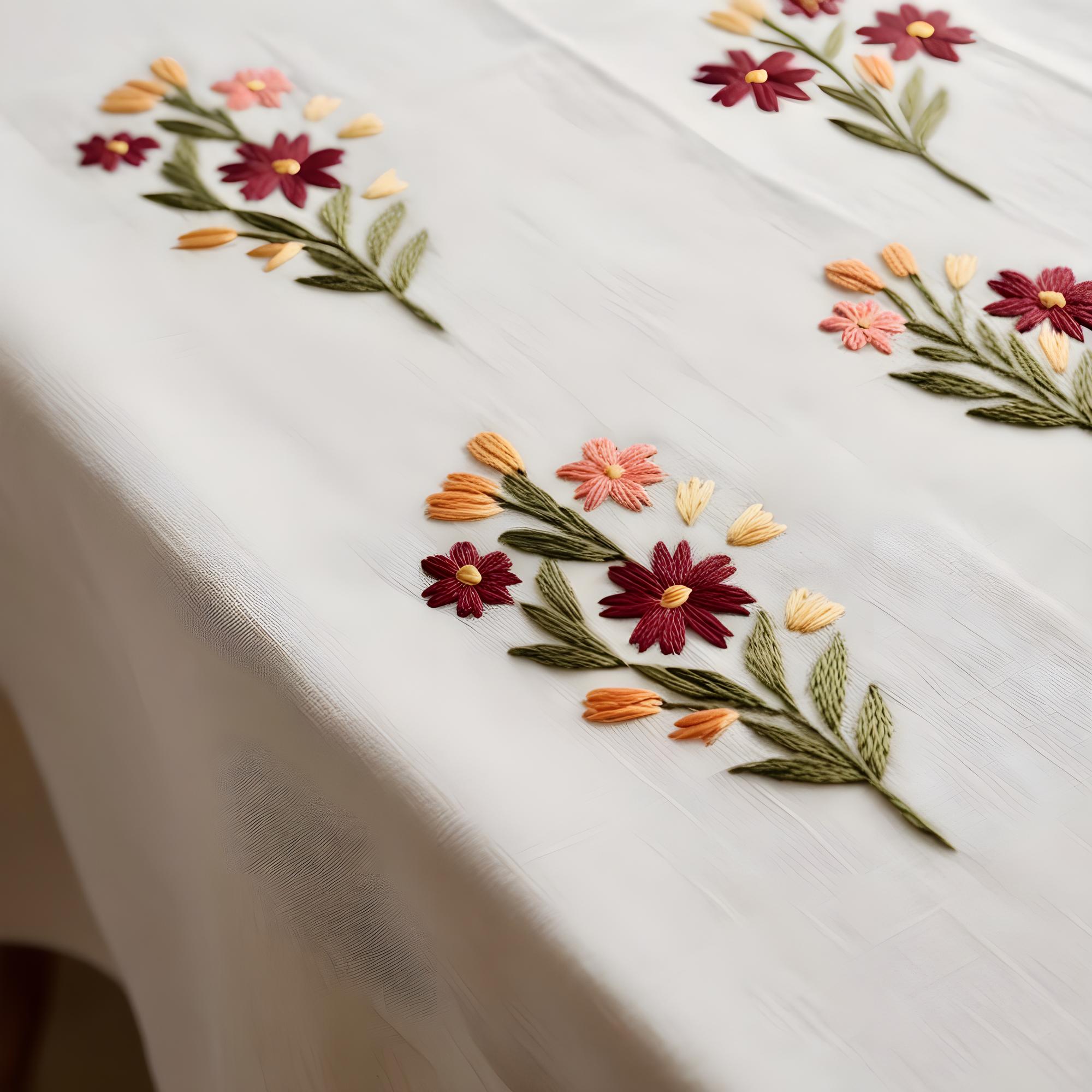 Embroidered linen table runner with floral motif